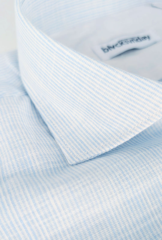 Camicia Uomo lino cotone trama rigata semi slim fit - CELESTE