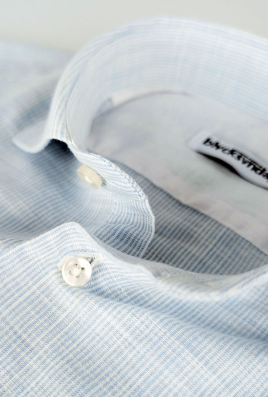 Camicia Uomo lino cotone trama rigata semi slim fit - CELESTE