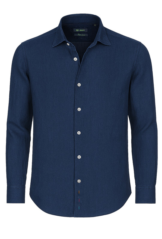 Camicia uomo manica lunga 100% Lino semi slim fit - BLU