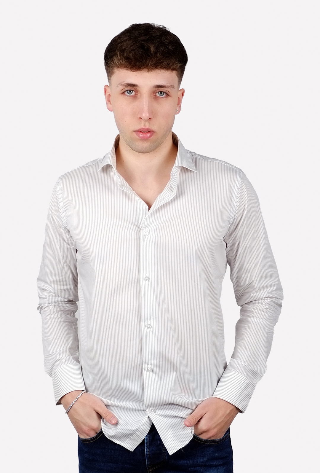 Camicia Uomo righe manica lunga in cotone collo francese