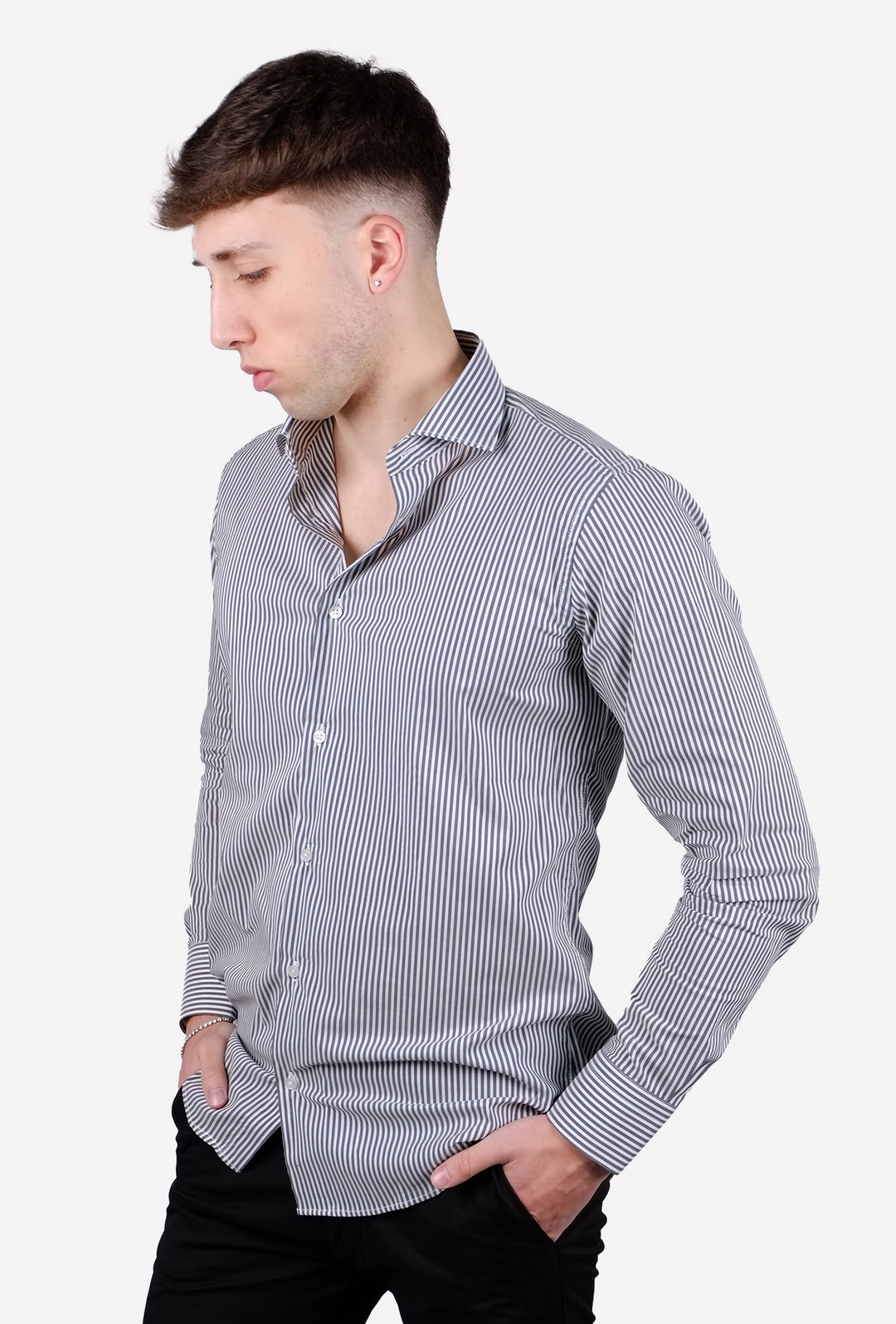 Camicia Uomo fantasia nera manica lunga in cotone collo francese