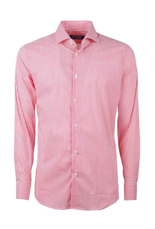 Camicia Uomo Righe rosse manica lunga in cotone collo francese - ROSSO