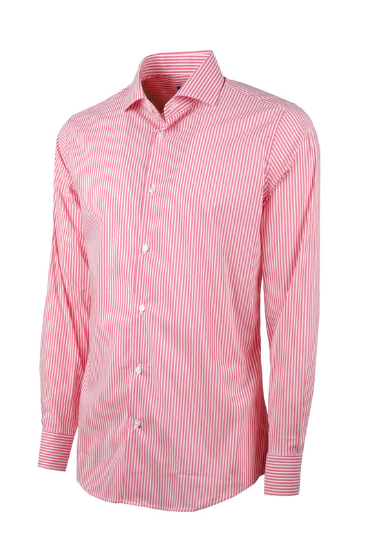 Camicia Uomo Righe rosse manica lunga in cotone collo francese - ROSSO