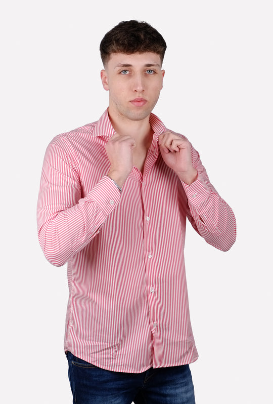 Camicia Uomo Righe rosse manica lunga in cotone collo francese - ROSSO