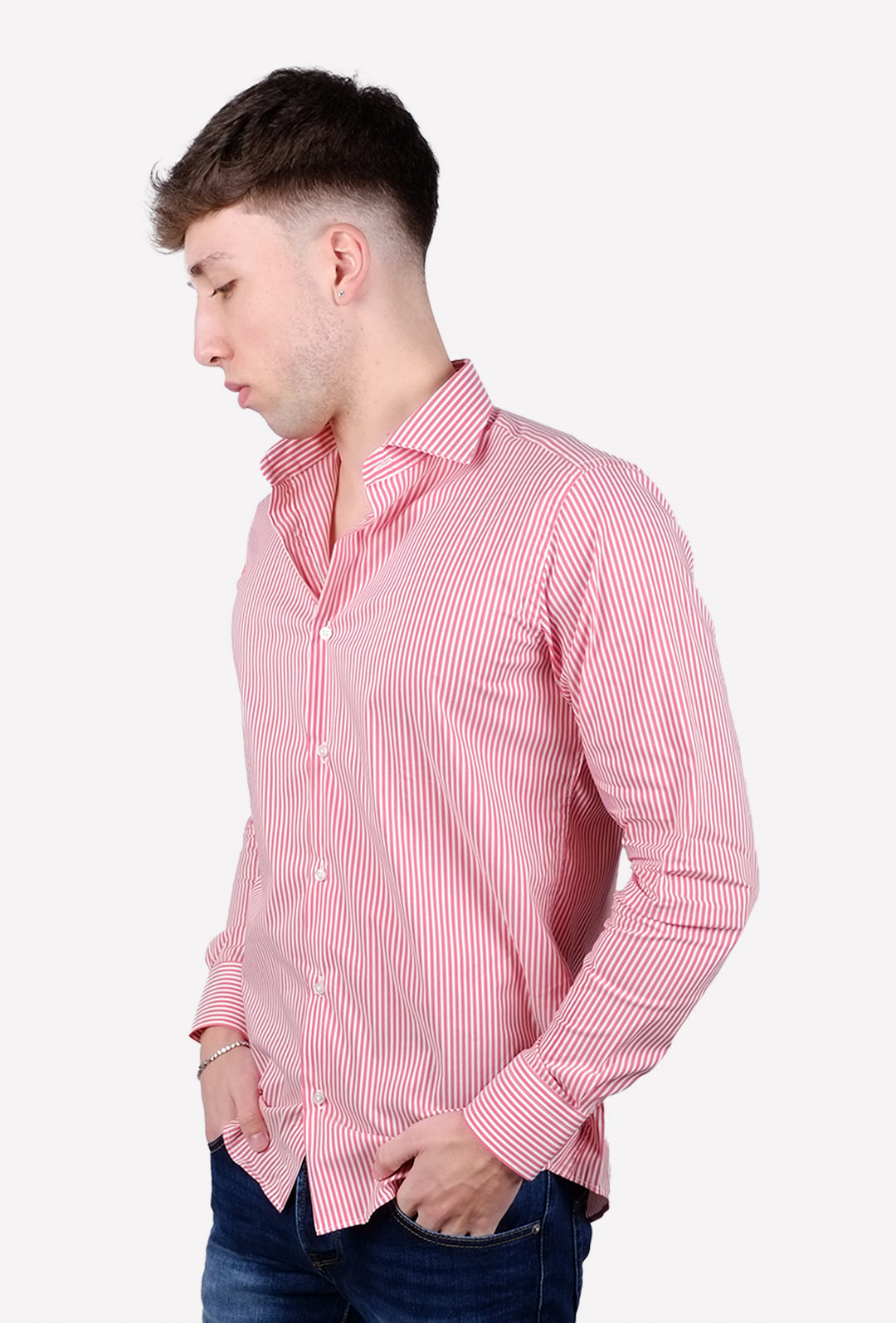 Camicia Uomo Righe rosse manica lunga in cotone collo francese - ROSSO