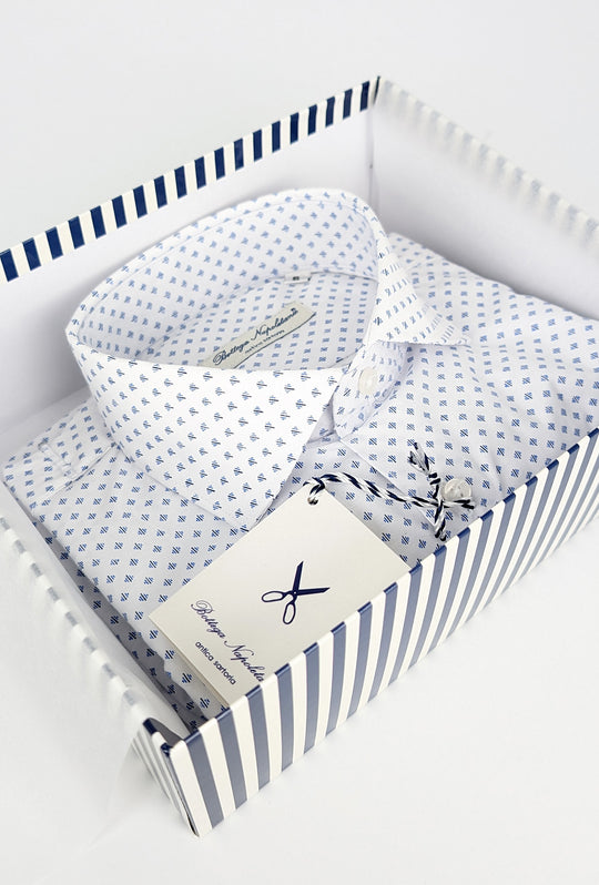 Camicia Uomo Manica lunga in cotone slim fit Fantasia - BIANCO/ AZZURRO