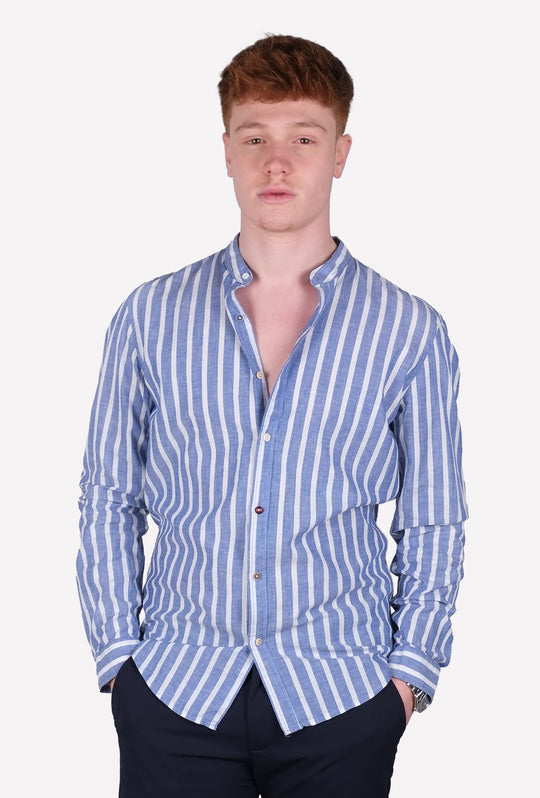 Camicia Uomo Manica lunga di Lino Collo coreano Camicie Dresserd - BLU