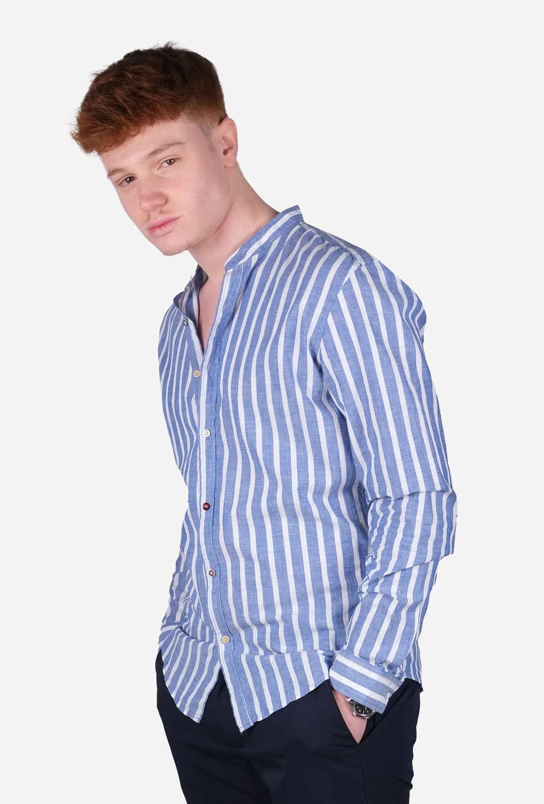 Camicia Uomo Manica lunga di Lino Collo coreano Camicie Dresserd - BLU