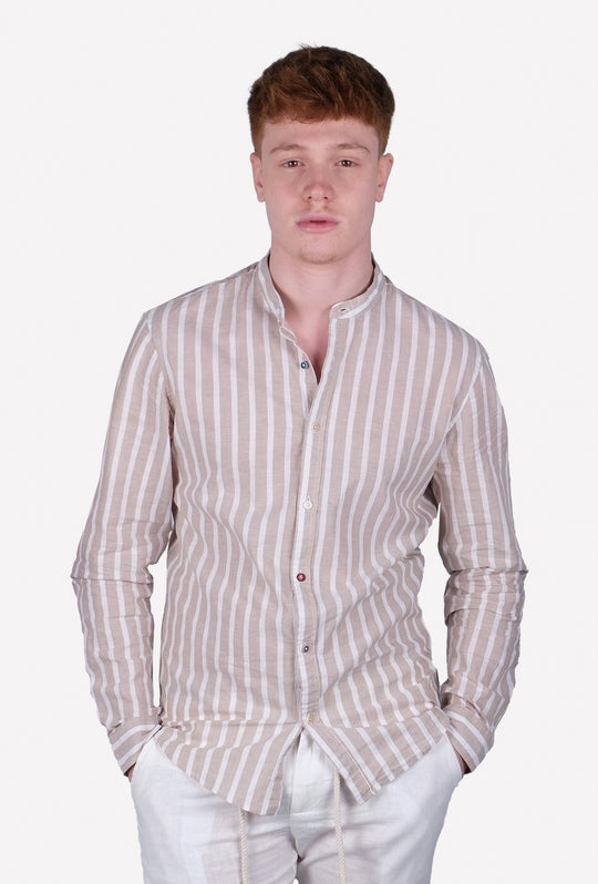 Camicia Uomo Manica lunga di Lino Collo coreano Camicie Dresserd - BEIGE