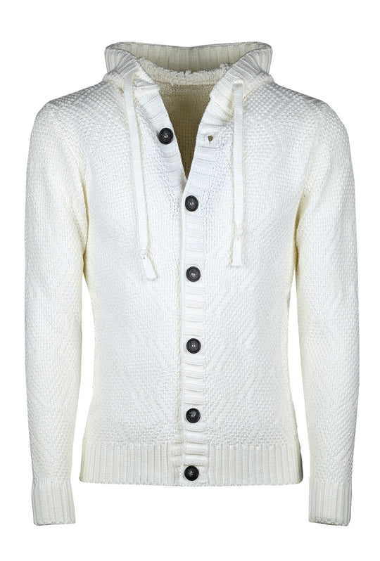 Maglia Uomo Manica lunga con bottoni e cappuccio Cardigan Felpa in Maglia Dresserd - BIANCO