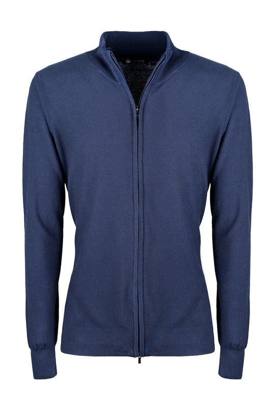 Maglioncino giacca aperta in cotone trama lavorata con zip - BLU
