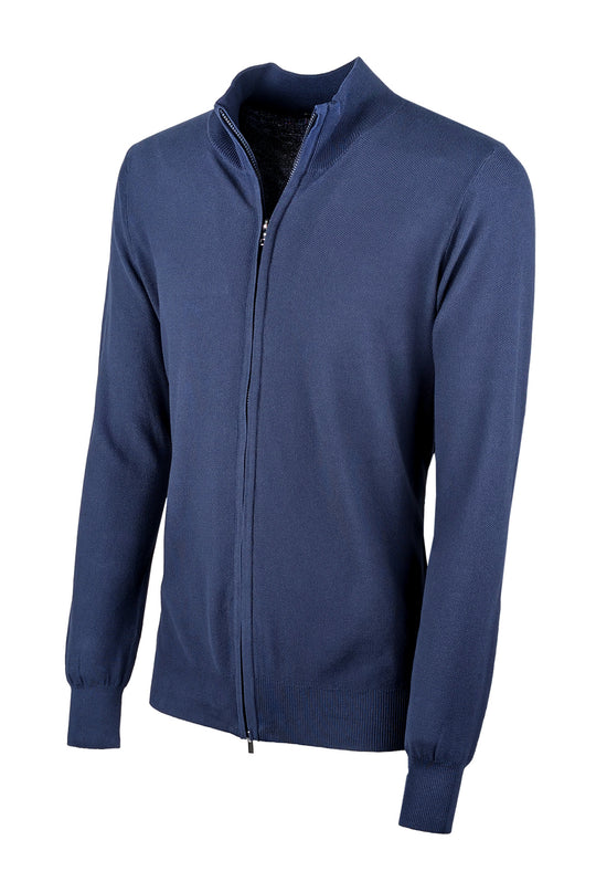 Maglioncino giacca aperta in cotone trama lavorata con zip - BLU