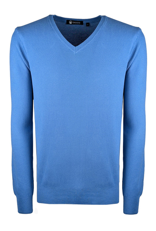 Maglia scollo a V in cotone trama lavorata - AZZURRO