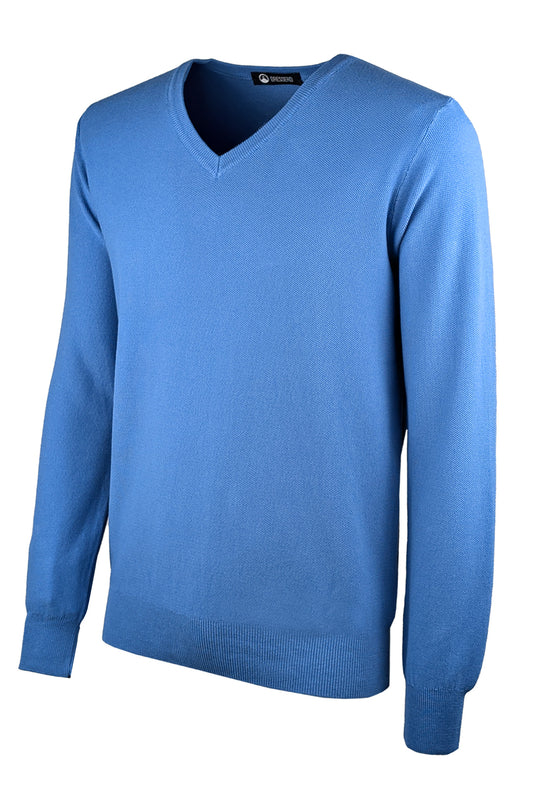 Maglia scollo a V in cotone trama lavorata - AZZURRO