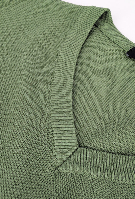 Maglia scollo a V in cotone trama lavorata - VERDE