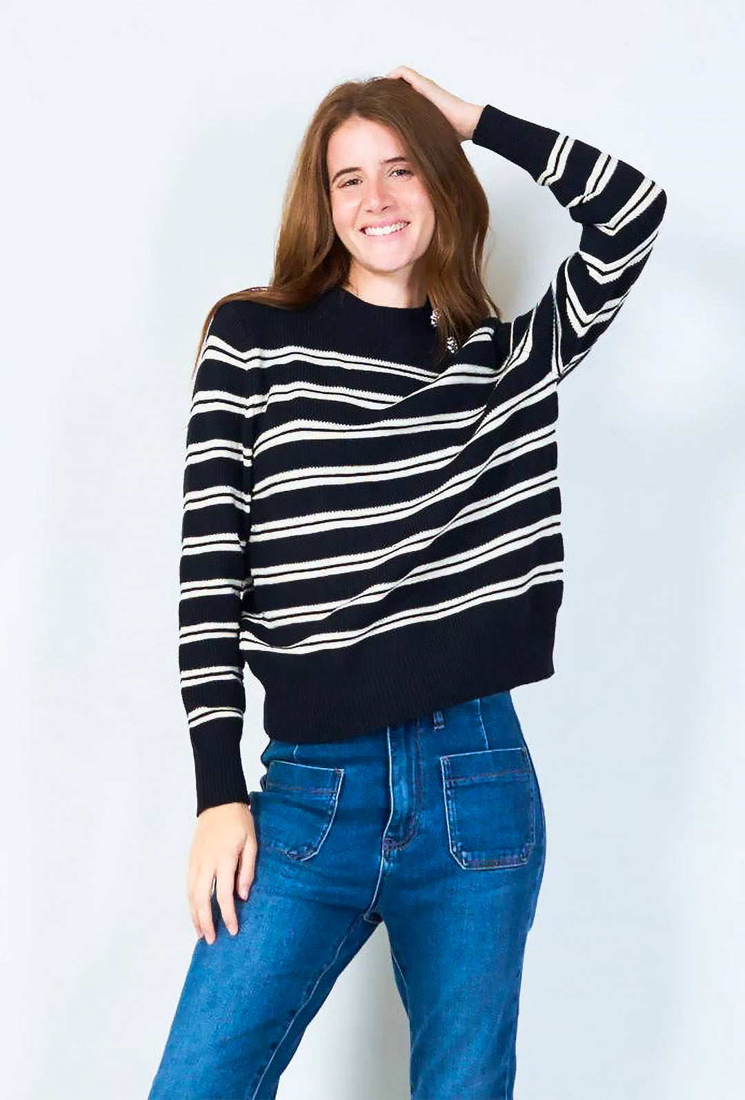 Maglioncino girocollo donna rigato in rulex - NERO