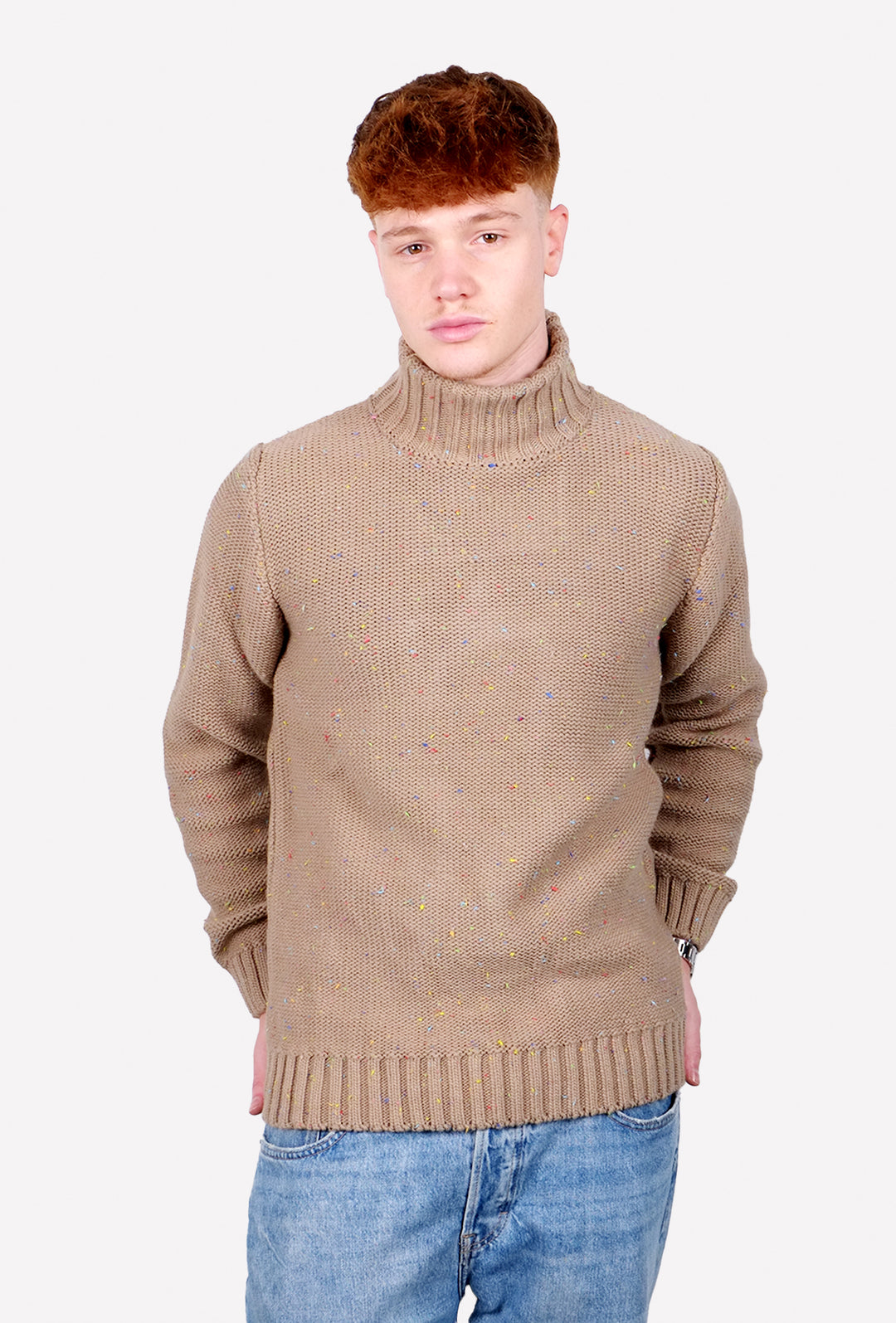 Maglione Uomo dolcevita in lana maglia invernale melangiato - BEIGE