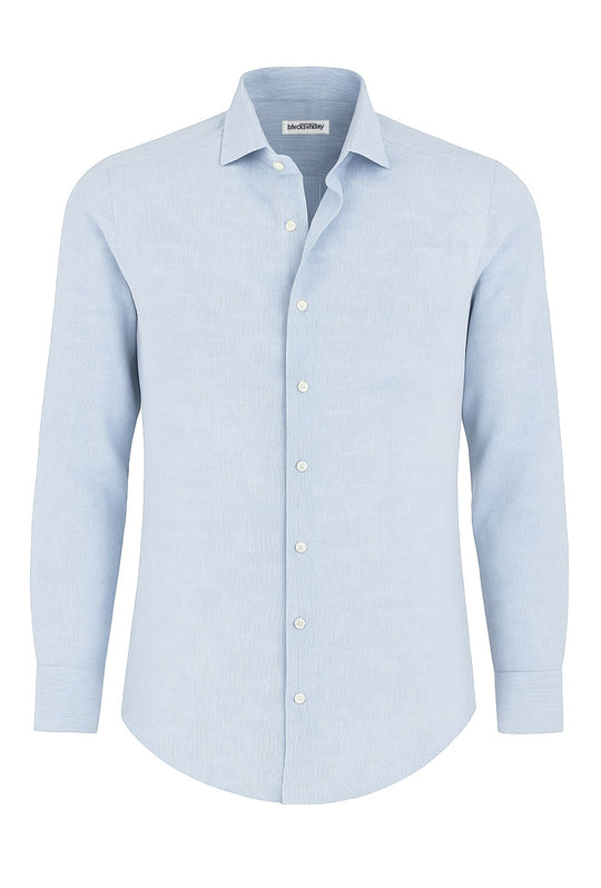 Camicia Uomo lino cotone trama rigata semi slim fit - CELESTE