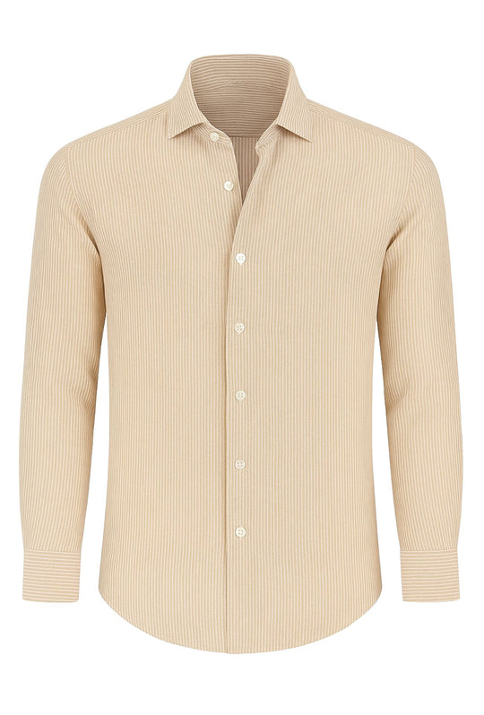 Camicia Uomo in lino manica lunga Trama rigata - BEIGE