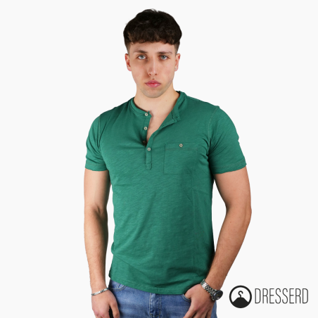 T-Shirt Uomo Serafino in cotone Fiammato Maglia mezza manica con Taschino 100% Cotone Dresserd