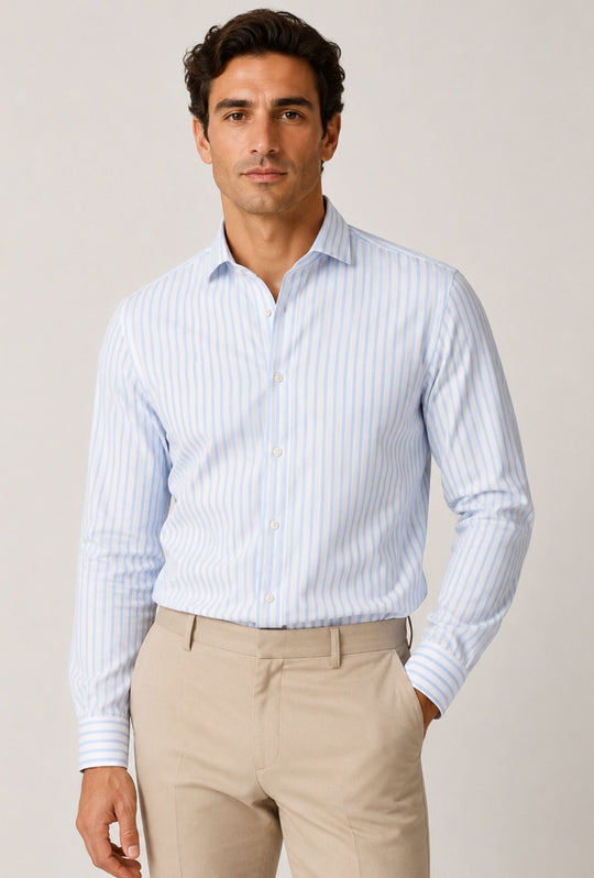 Camicia Uomo Lino Cotone a Righe Dresserd Collo Francese -AZZURRA