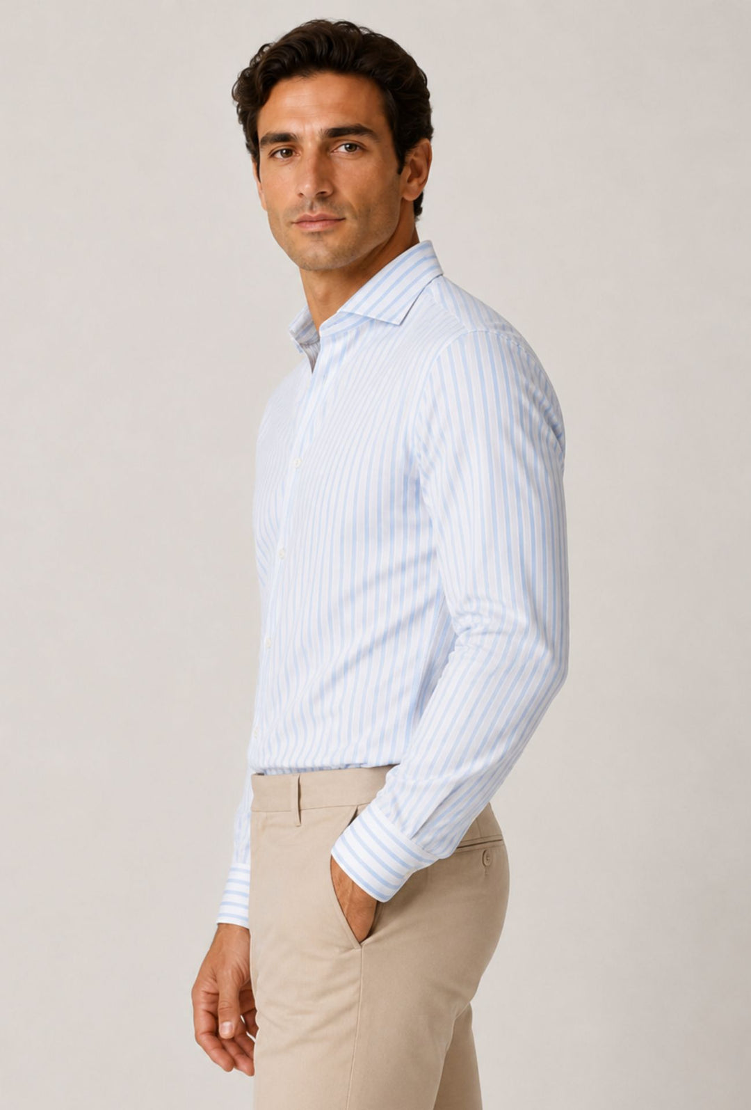 Camicia Uomo Lino Cotone a Righe Dresserd Collo Francese -AZZURRA