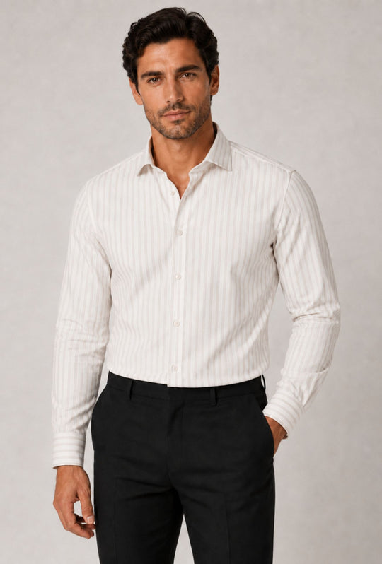 Camicia Uomo Lino Cotone a Righe Dresserd Collo Francese - BEIGE