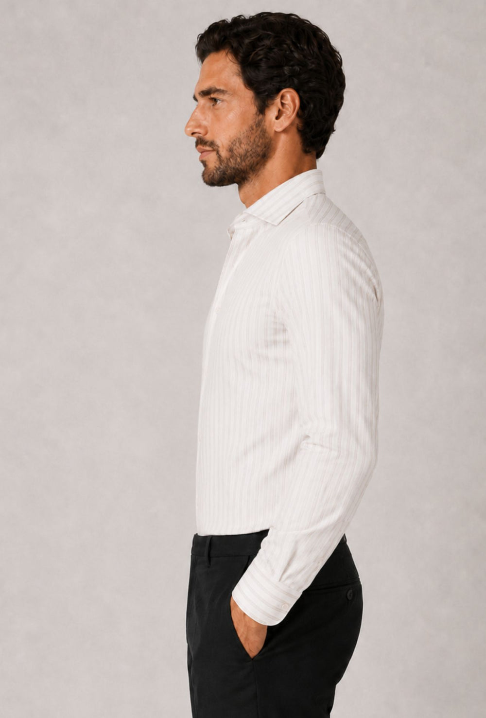 Camicia Uomo Lino Cotone a Righe Dresserd Collo Francese - BEIGE
