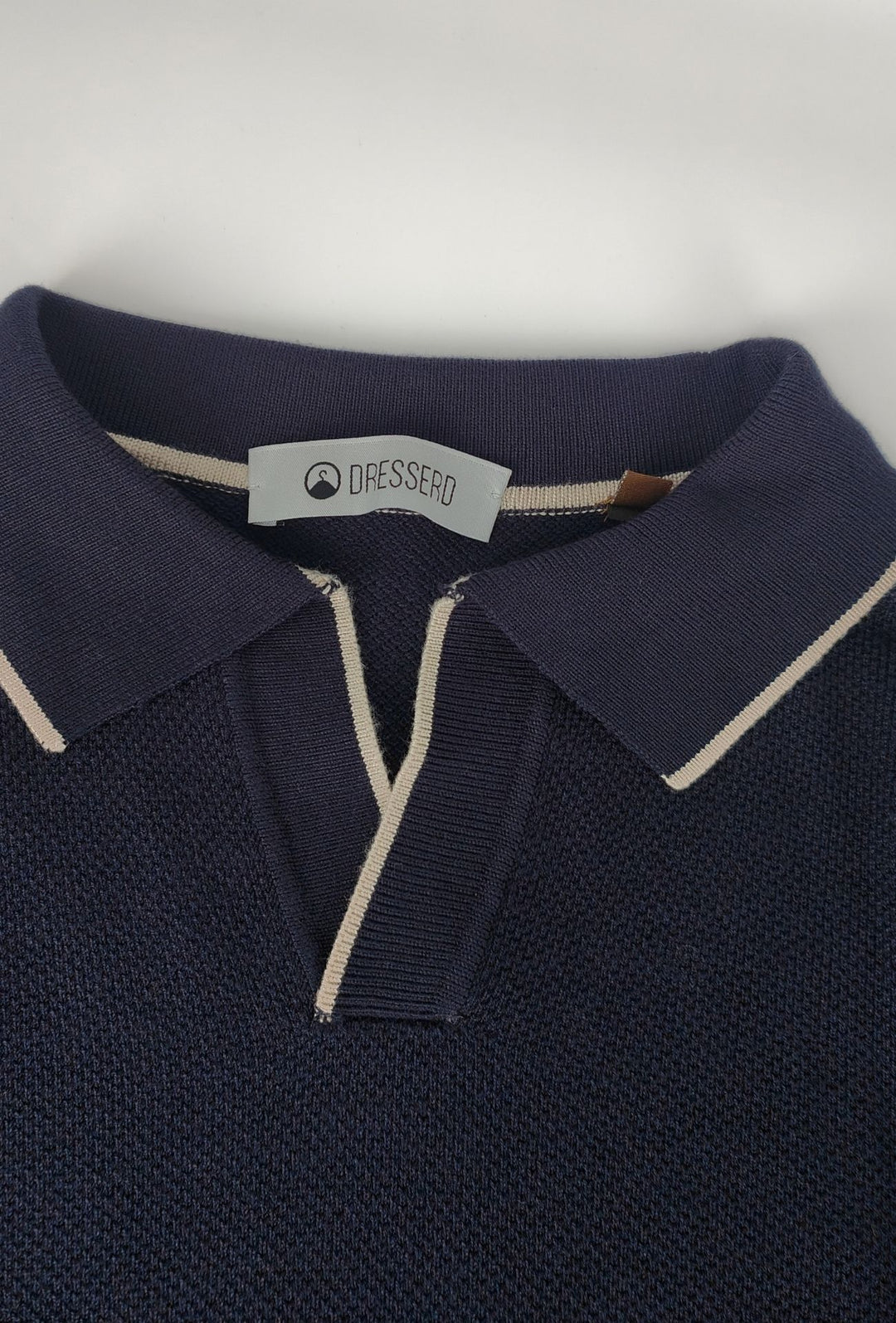 Polo Uomo DRESSERD Manica Lunga in Maglia a Trama Lavorata con Colletto e Riga Panna a Contrasto -BLU NAVY
