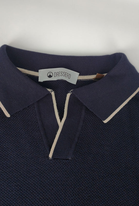 Polo Uomo DRESSERD Manica Lunga in Maglia a Trama Lavorata con Colletto e Riga Panna a Contrasto -BLU NAVY