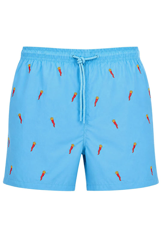 Costume da Bagno Uomo Dresserd  Ricamo Corno Portafortuna Napoletano -CELESTE
