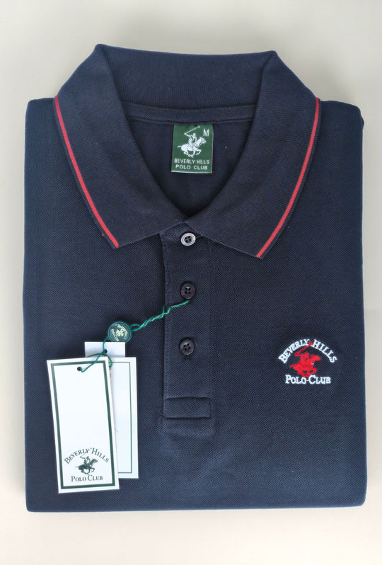 Polo Uomo BEVERLY HILLS POLO CLUB in Cotone Piquet 100% colletto righino rosso – BLU