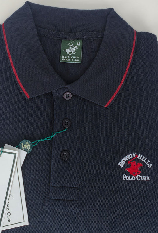 Polo Uomo BEVERLY HILLS POLO CLUB in Cotone Piquet 100% colletto righino rosso – BLU
