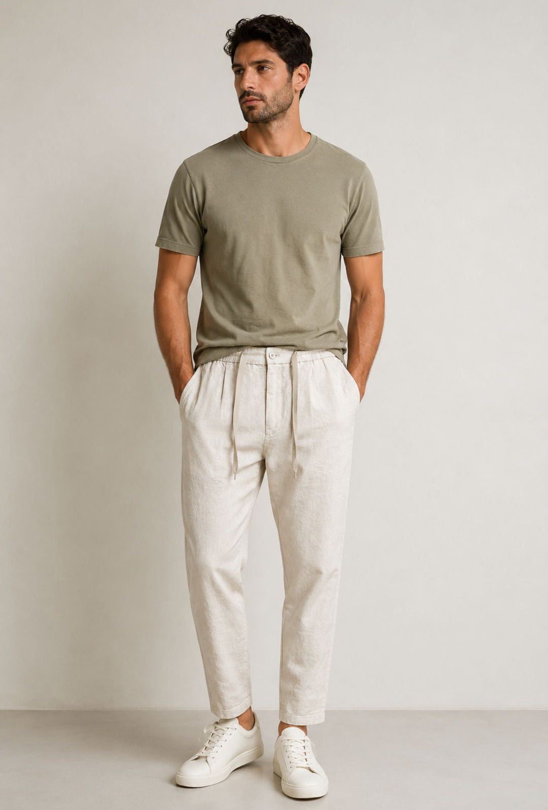 Pantalone 100% Lino Uomo confort fit con elastico - BEIGE
