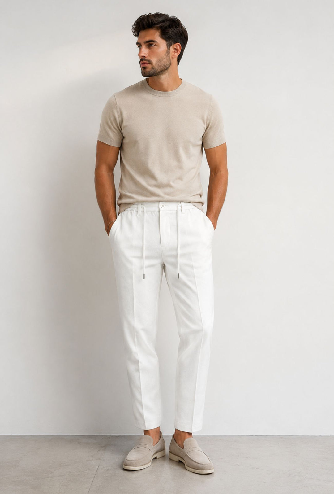 Pantalone 100% Lino Uomo confort fit con elastico - BIANCO