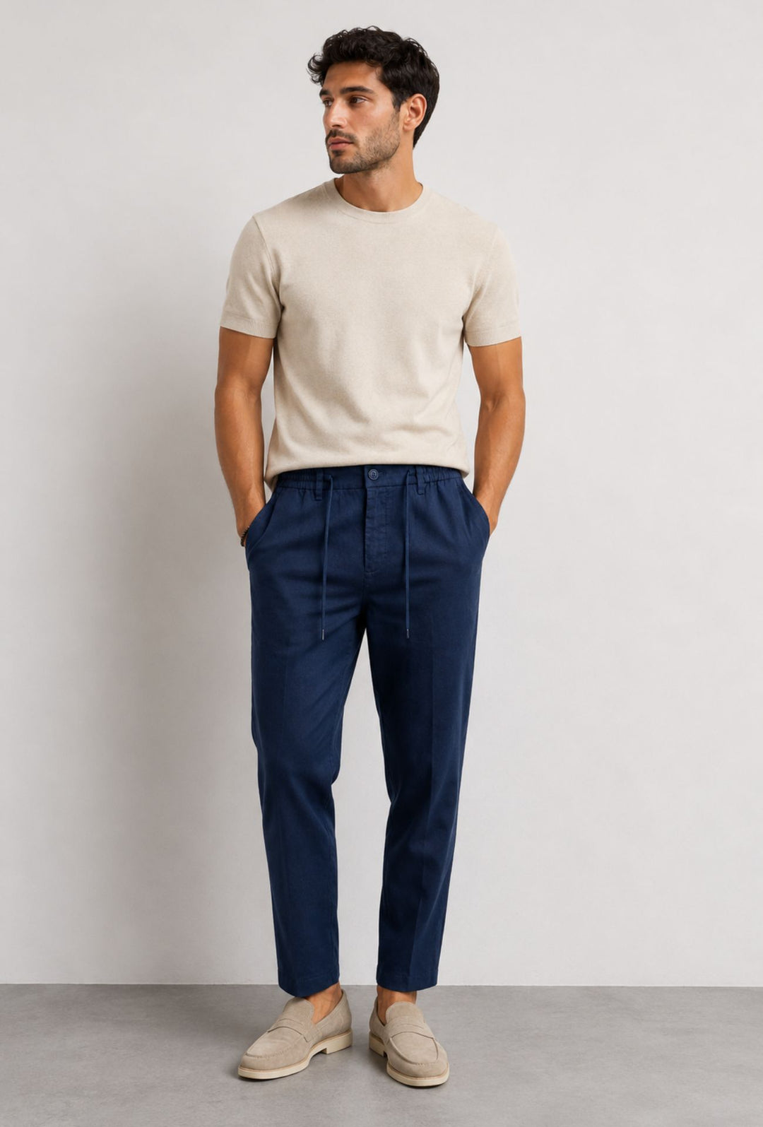Pantalone 100% Lino Uomo confort fit con elastico - BLU