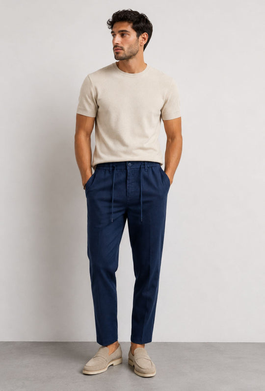 Pantalone 100% Lino Uomo confort fit con elastico - BLU