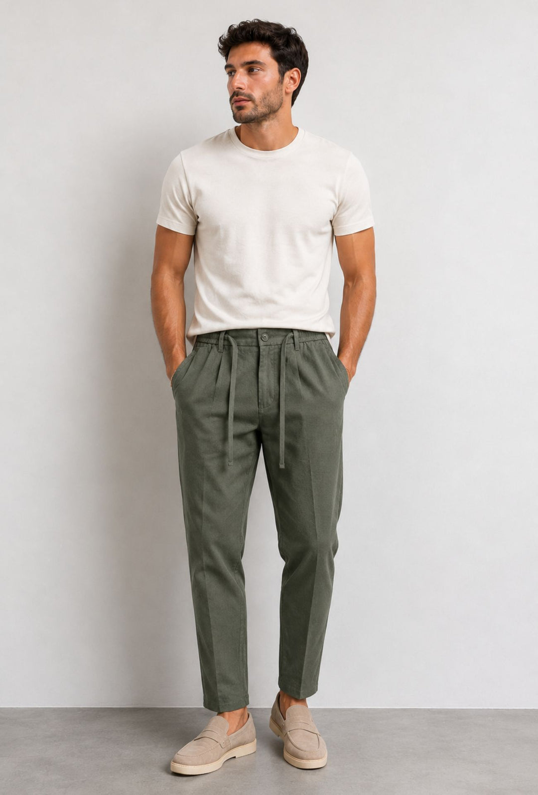 Pantalone 100% Lino Uomo confort fit con elastico - VERDE MILITARE
