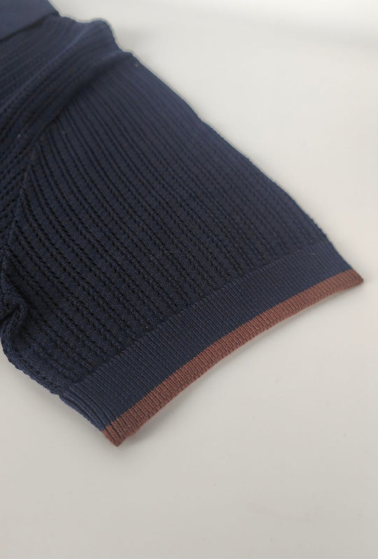 Polo Uomo in Maglia Traforata 100% Cotone Collo Aperto Regular Fit- BLU NAVY