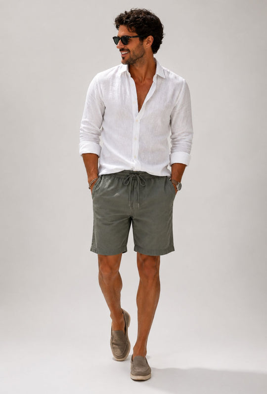 Bermuda Uomo Chino REKUAIT in  Lino e  Viscosa – VERDE OLIVA