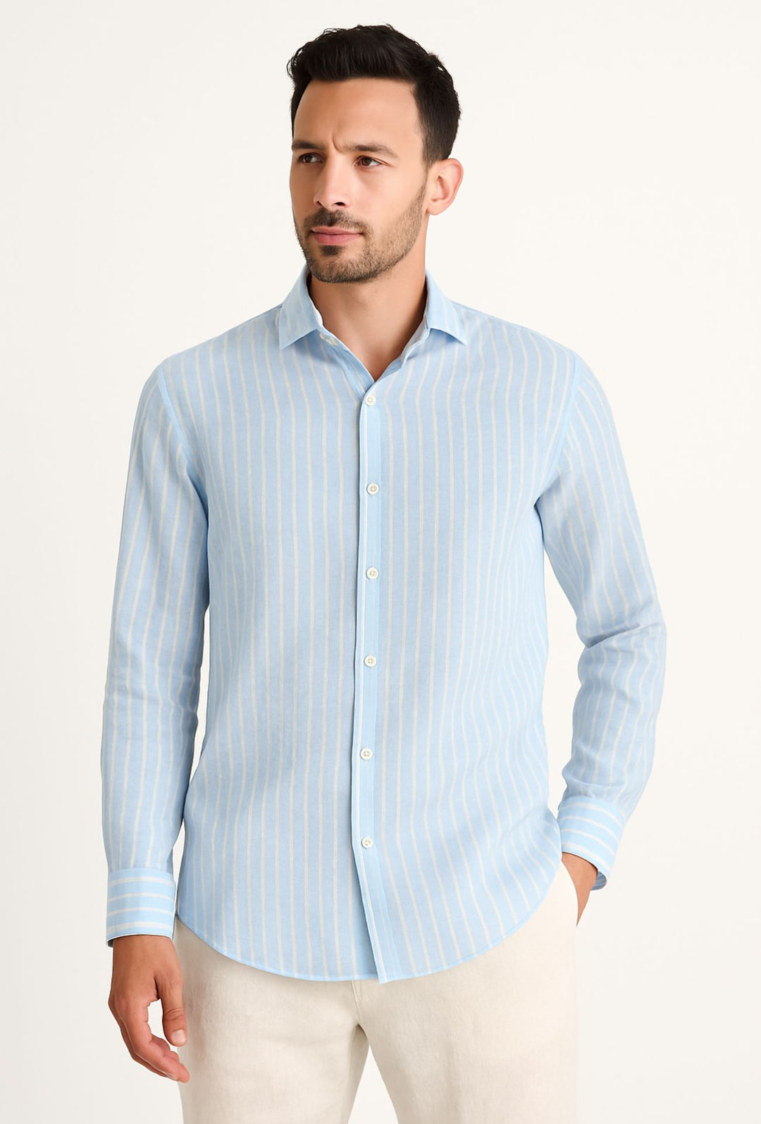 Camicia Uomo in Lino e cotone Trama rigata - CIELO