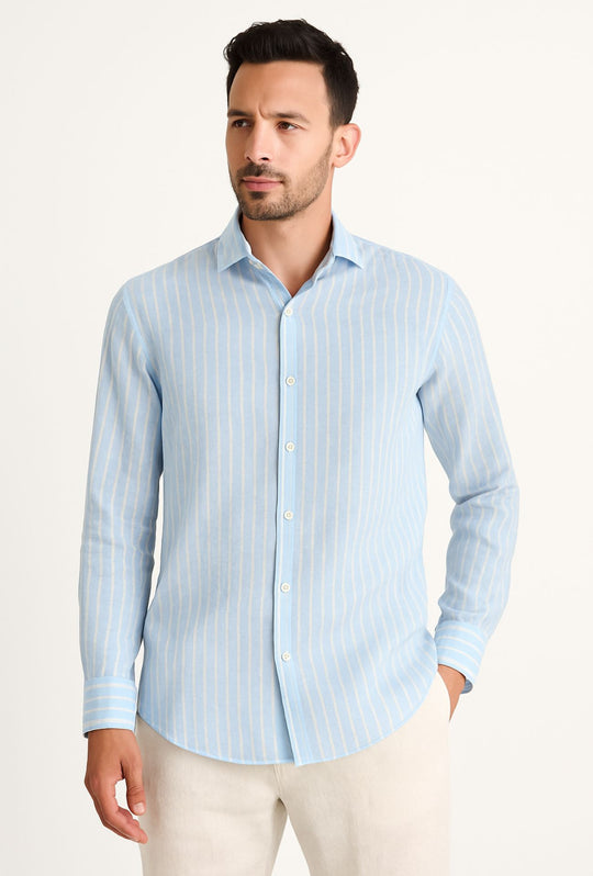 Camicia Uomo in Lino e cotone Trama rigata - CIELO