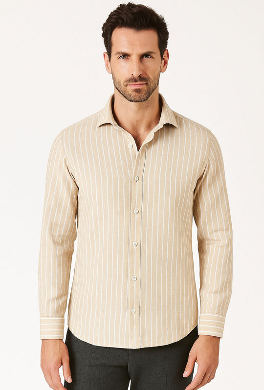 Camicia Uomo in Lino e cotone Trama rigata - BEIGE