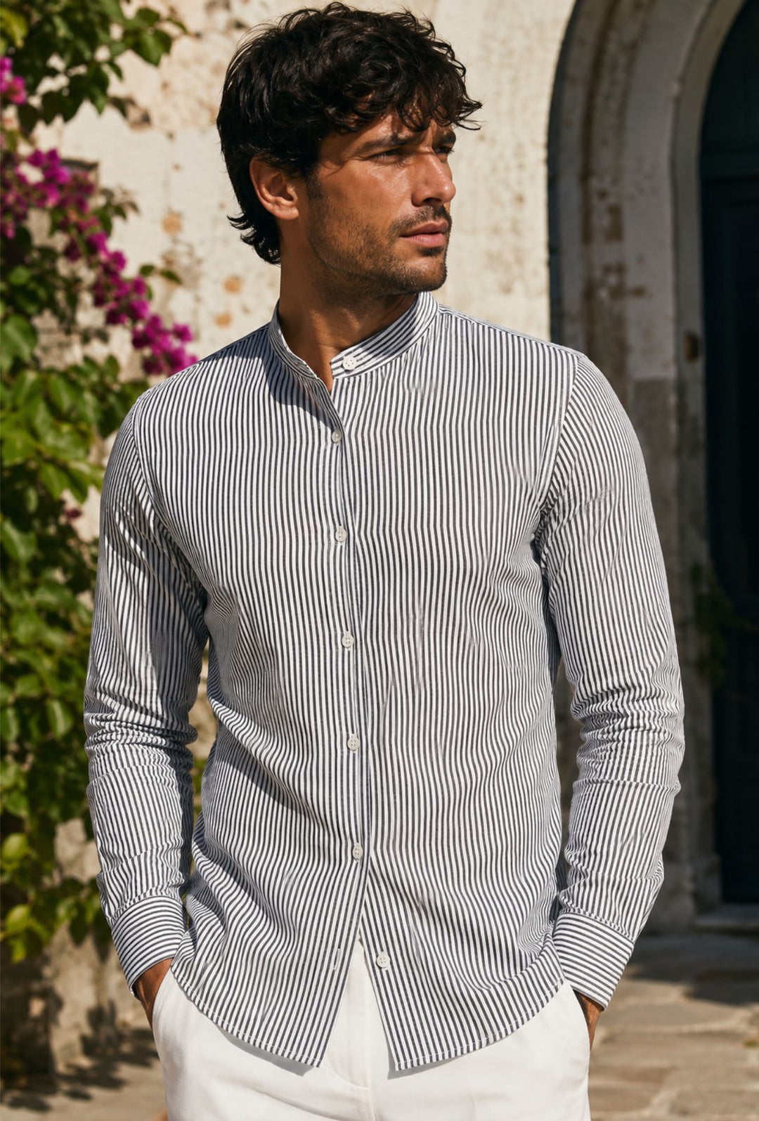 Camicia Uomo Manica Lunga Lino e Cotone Collo Coreano a righe Made in Italy -NERO