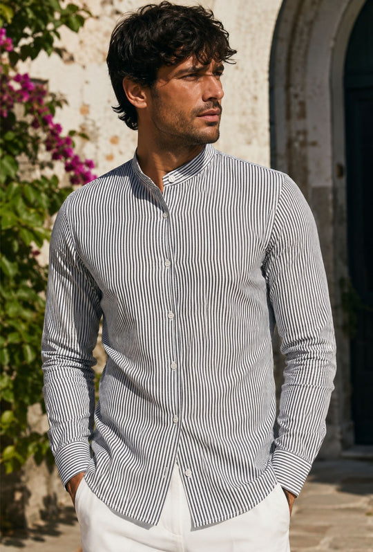 Camicia Uomo Manica Lunga Lino e Cotone Collo Coreano a righe Made in Italy -NERO