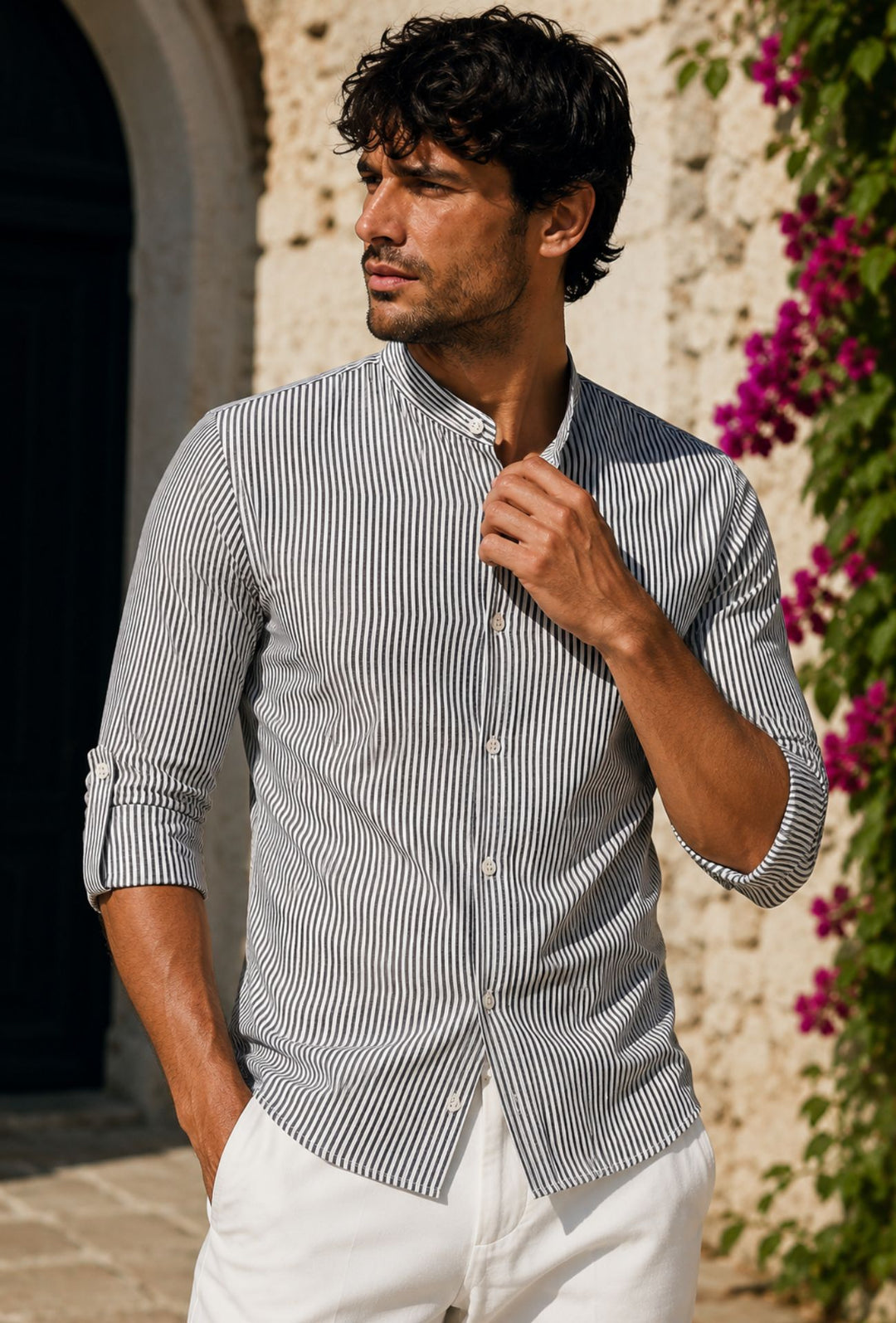 Camicia Uomo Manica Lunga Lino e Cotone Collo Coreano a righe Made in Italy -NERO