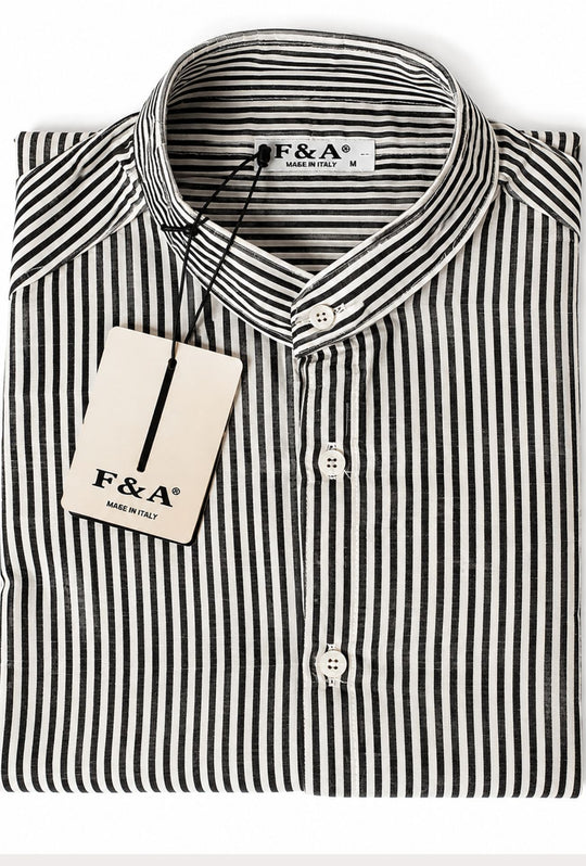 Camicia Uomo Manica Lunga Lino e Cotone Collo Coreano a righe Made in Italy -NERO
