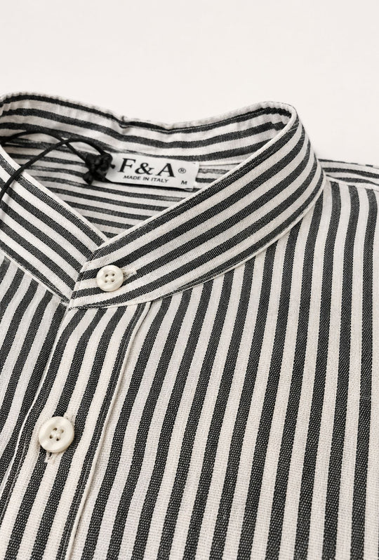 Camicia Uomo Manica Lunga Lino e Cotone Collo Coreano a righe Made in Italy -NERO