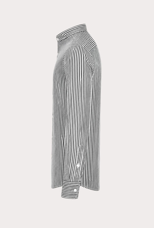 Camicia Uomo Manica Lunga Lino e Cotone Collo Coreano a righe Made in Italy -NERO