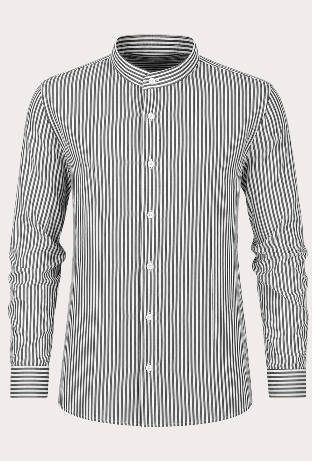 Camicia Uomo Manica Lunga Lino e Cotone Collo Coreano a righe Made in Italy -NERO